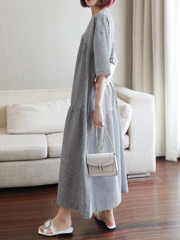 Meselling99 Original Black&White Plaid V-Neck Dress-Maxi Dress-BLACK&WHITE PLAID-FREE SIZE-Free Shipping at meselling99