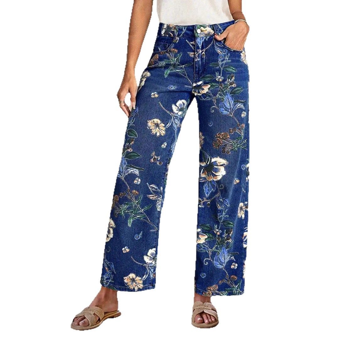Floral Print High Waist Straight Leg Jeans
