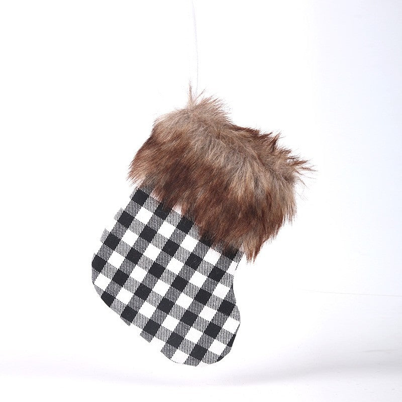 Contrast Color Plaid Plush Small Christmas Sock Gift Bag