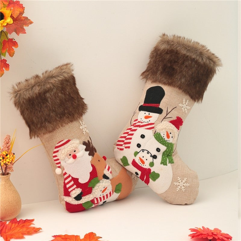 Linen Plush Snowman Santa Sock Gift Bag Christmas Decoration