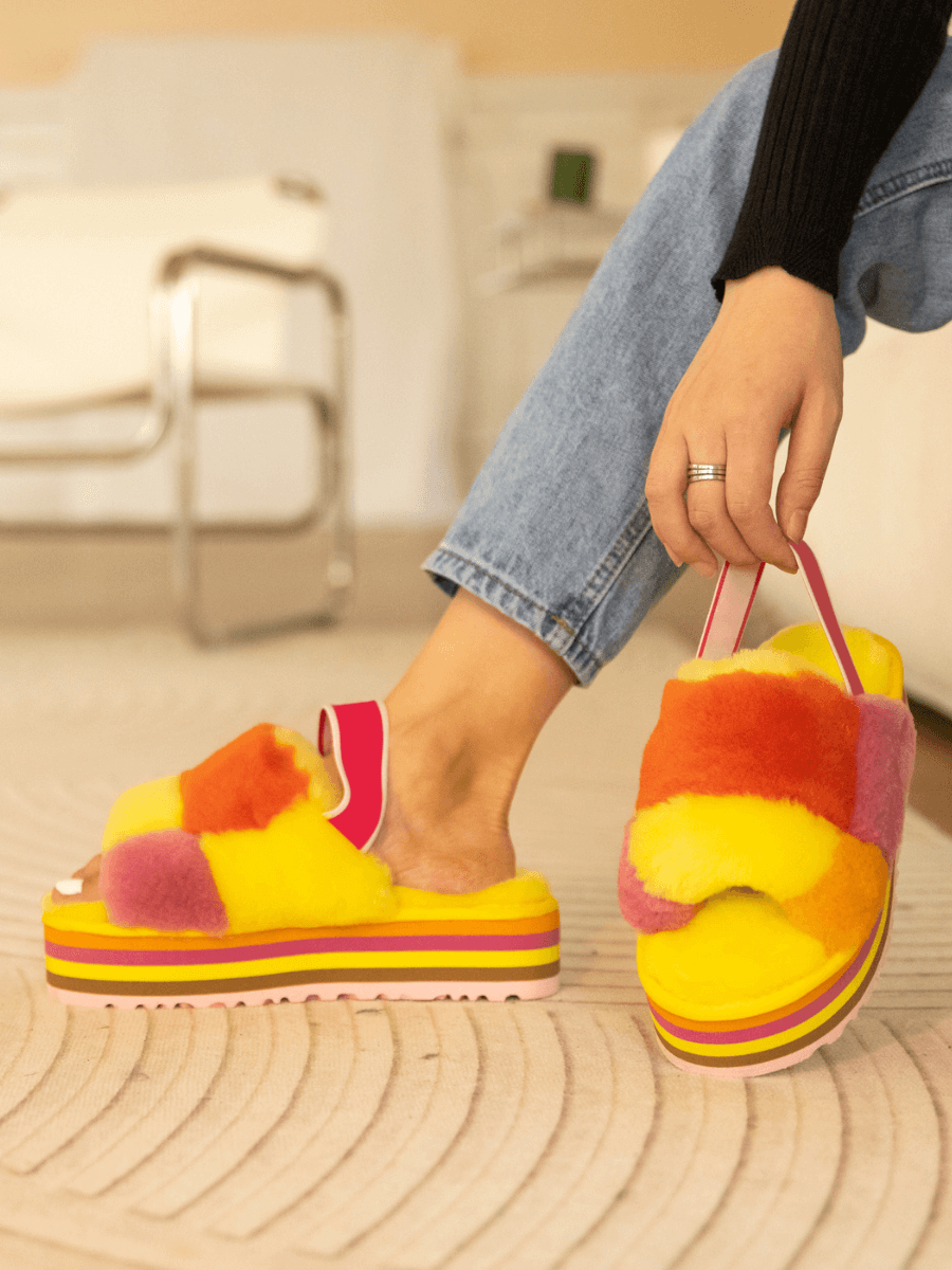 Harmony Contrast Woolen Platform Slipper - Yellow