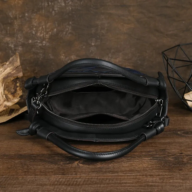 Women's Vintage Genuine Leather Handbag - Embossed Handmade Shoulder Bag