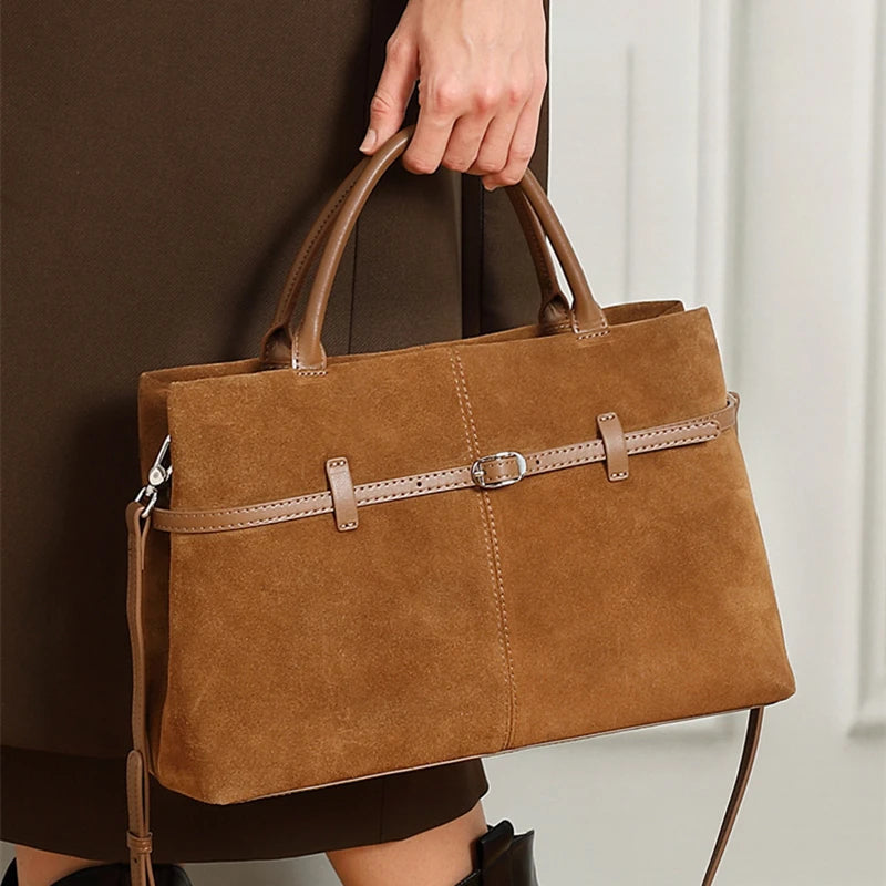Suede Cowhide Genuine Leather Tote Handbags - Women Luxury Crossbody Bag