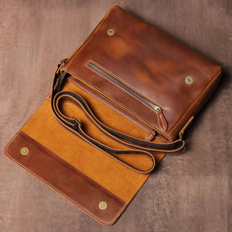 Crazy Horse Leather Messenger Bag - Men's Vintage Flap Crossbody Bags