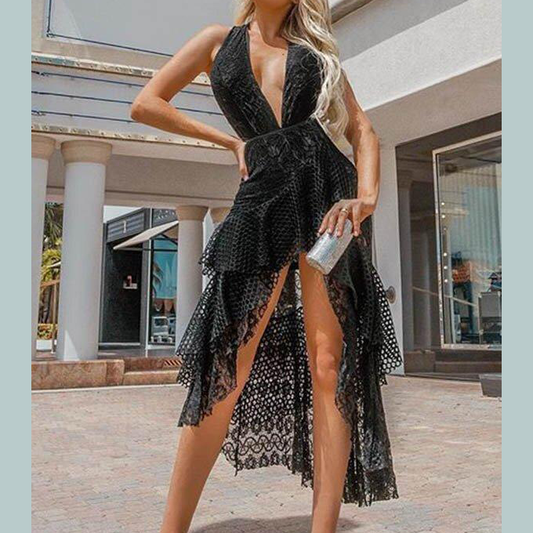 Black Irregular Clipping Plunging Sleeveless Mini Dresses-Sexy Dresses-Free Shipping at meselling99