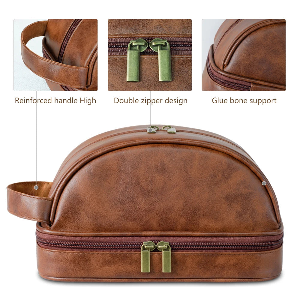 Men's Leather Waterproof Toiletry Bag - Large Capacity Storage Cosmetic Case