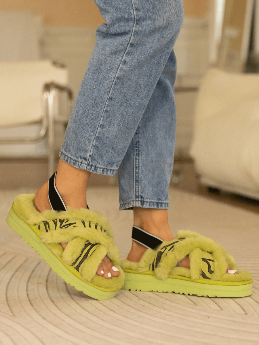 SmRoar Wool Lined Criss-Cross Strap Slipper - Green