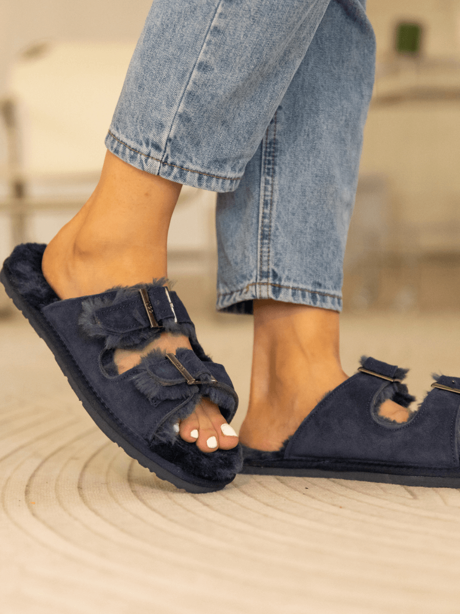 Woolen Lined Double Strap Suede Sandal - Navy