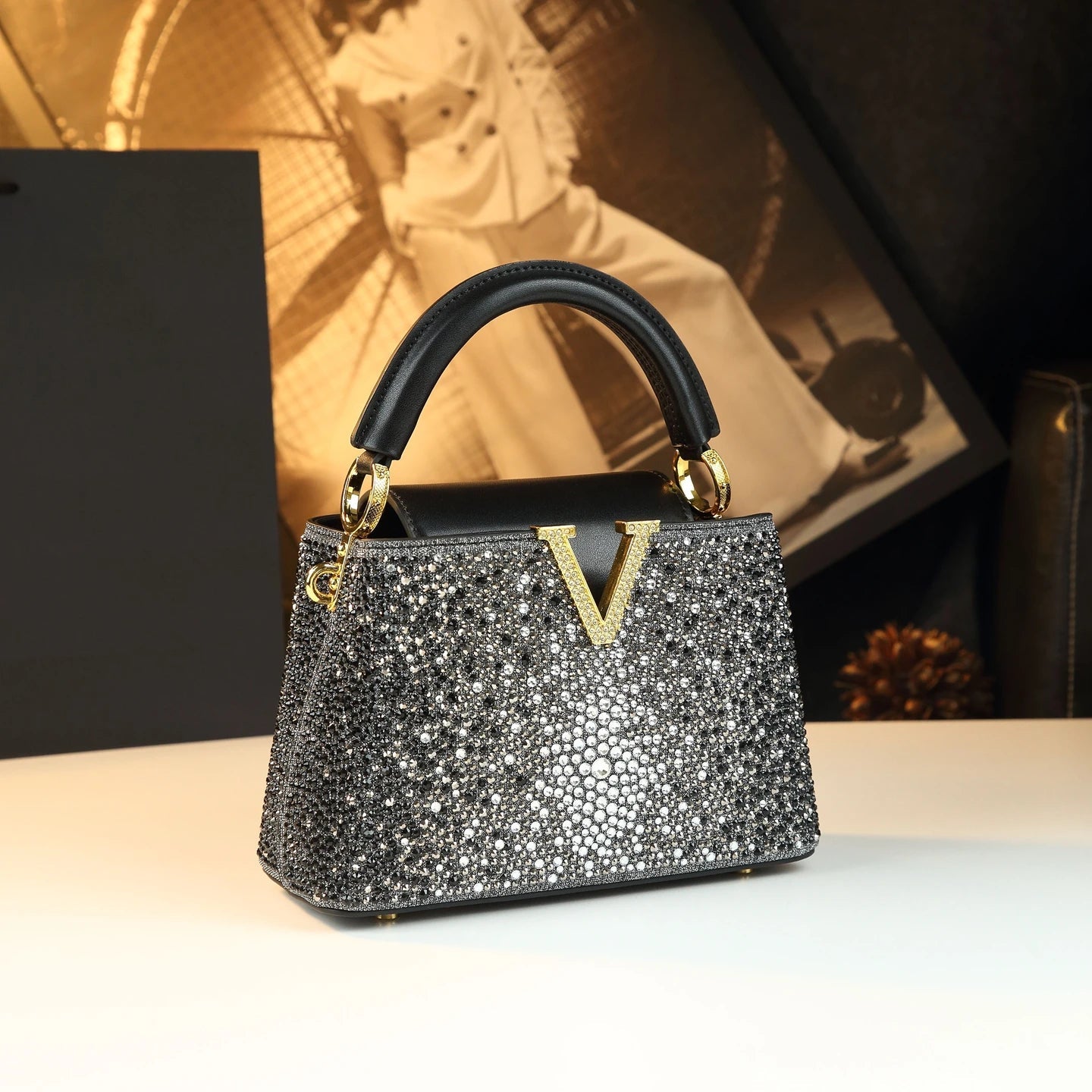 Genuine Leather V Letter Small Crossbody Bag - Diamonds Luxury Messenger Shell Bags