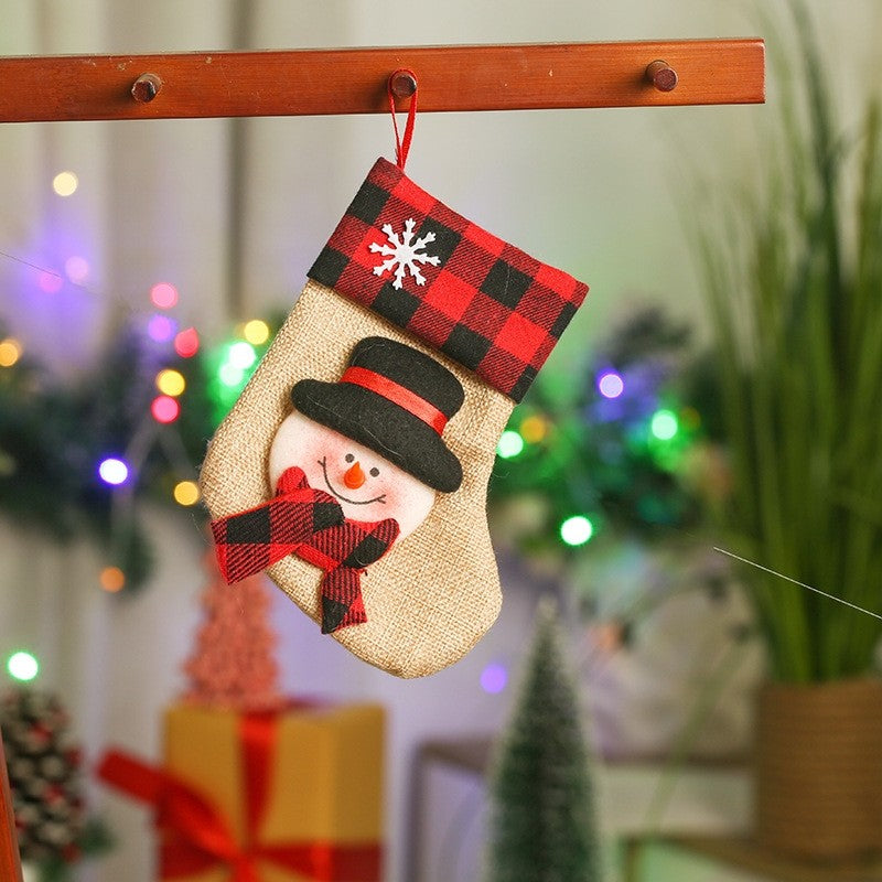 Red Black Plaid Ramie Cotton Patchwork Cute Cartoon Christmas Socks Gift Bag