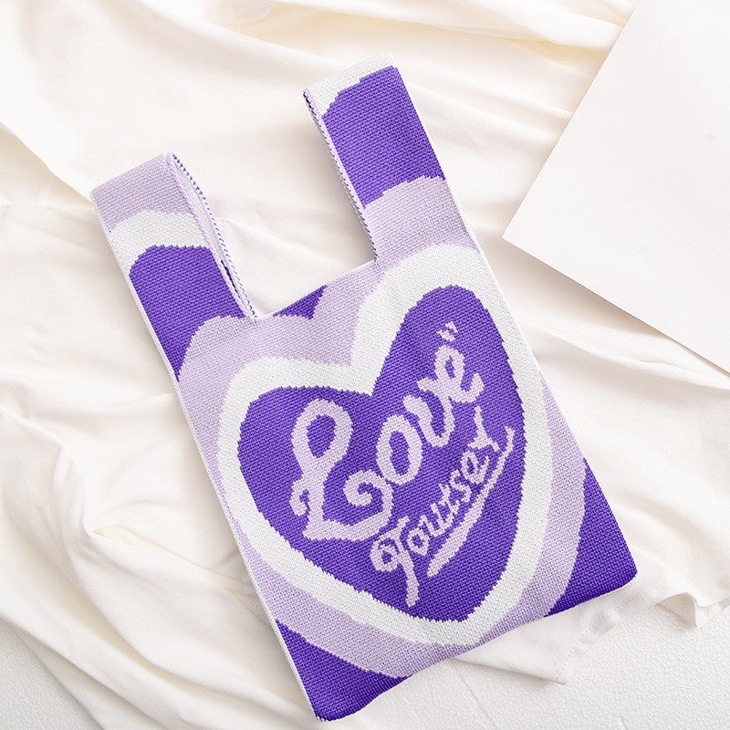 Contrast Color Heart Pattern Knitted Handbag Reusable Bag