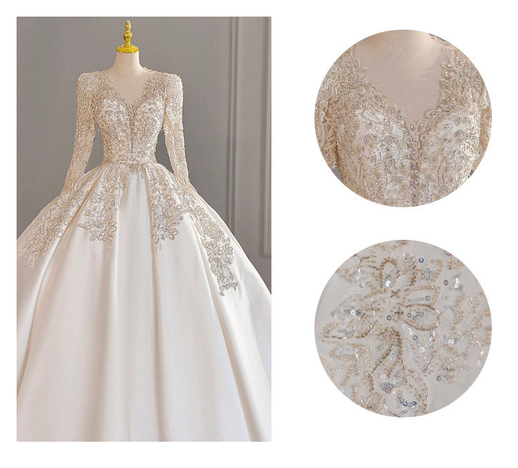 Gorgeous Court V Neck Satin Long Sleeves Bridal Dresses