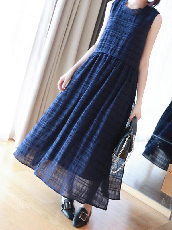 Meselling99 Original Solid Plaid Sleeveless Dress-Maxi Dress-BLUE-FREE SIZE-Free Shipping at meselling99