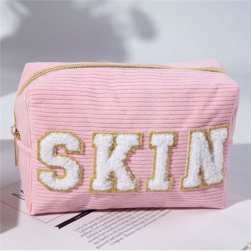 Large Capacity Corduroy Embroidered Letter Makeup Bag