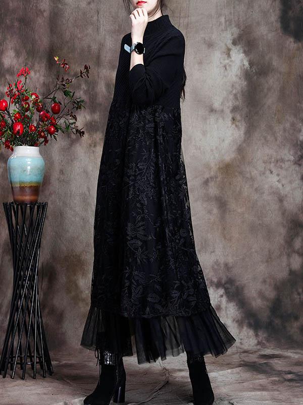 Original Lace Split-Joint Knitting Dress-Midi Dress-Free Shipping at meselling99