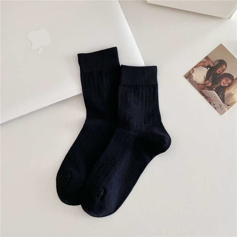 Solid Color Versatile Vertical Striped Thin Mid-Calf Socks