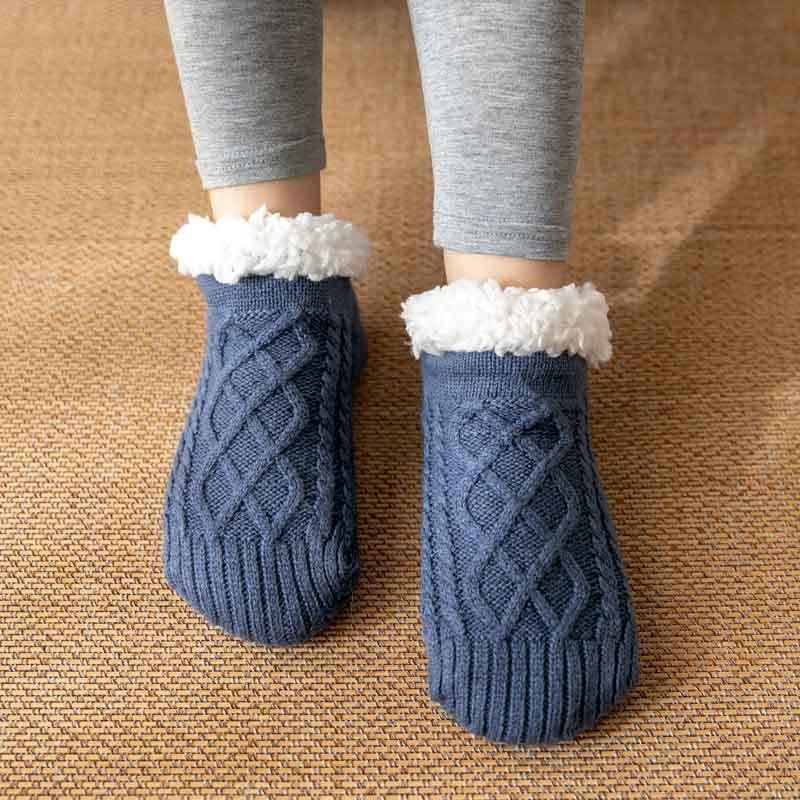 Adults Solid Color Knitted Fleece Lining Thick Warm Non-Slip Indoor Socks