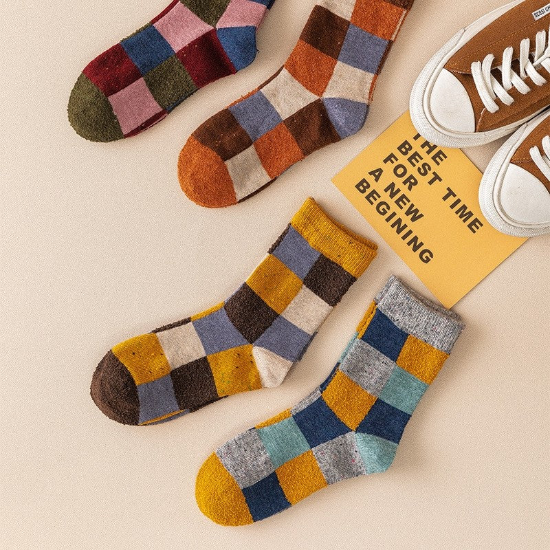6 Pairs Mixed Color Plaid Winter Wool Adults Socks