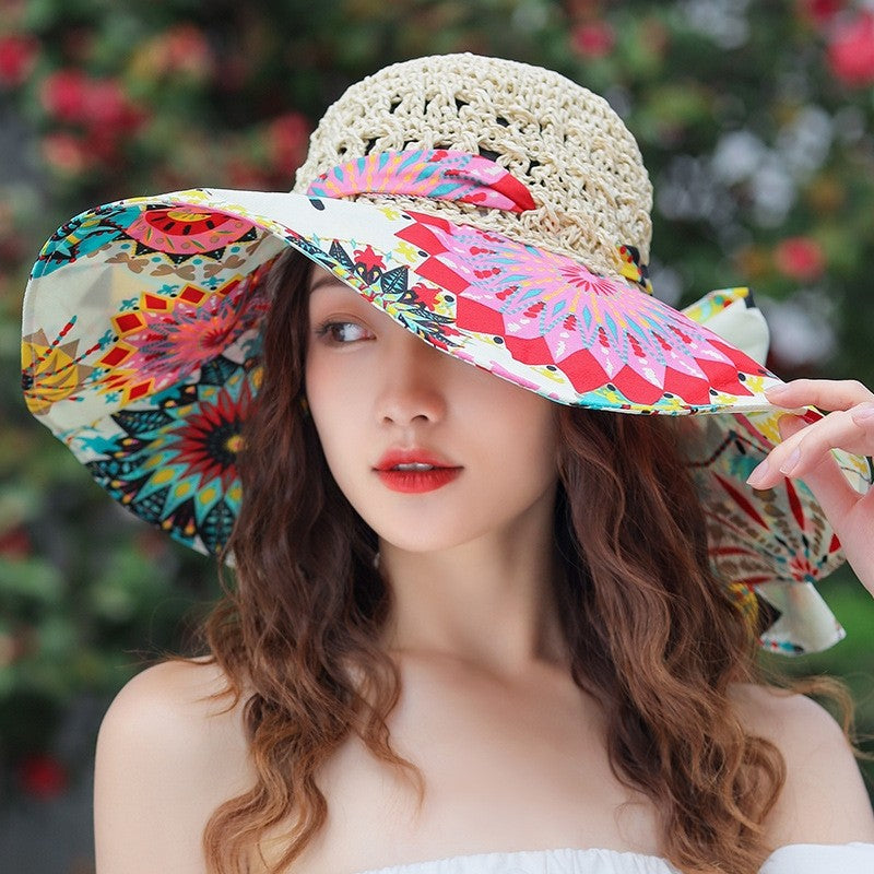 Sun Hat With Printed Patchwork Straw Design