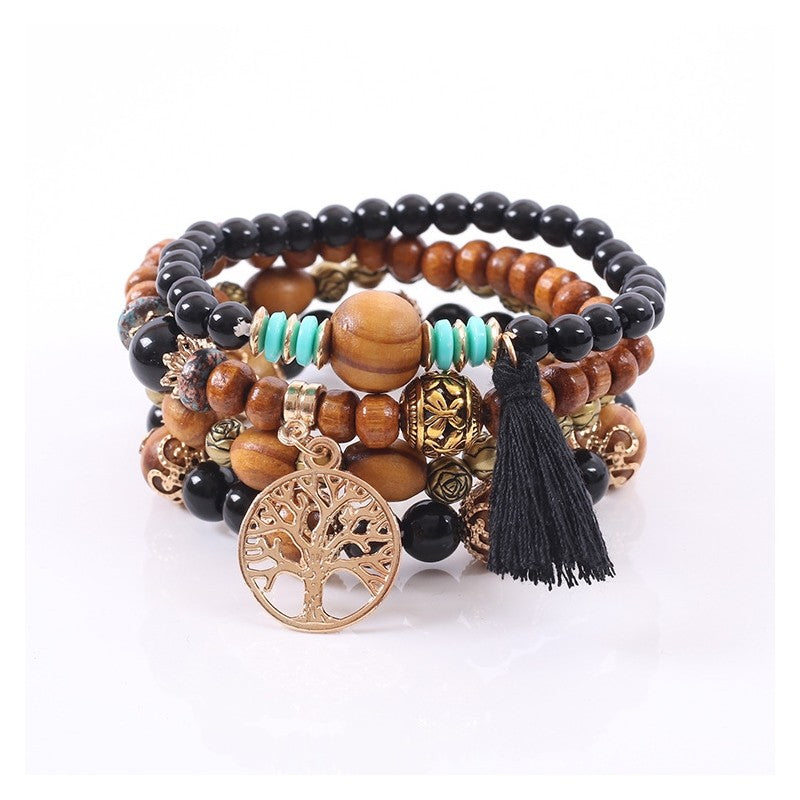 Wood Bead Tassel Bracelet Set