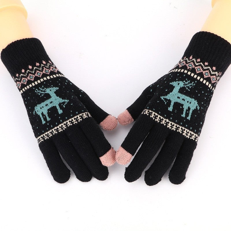 Touchscreen Fawn Jacquard Double Layer Knit Gloves