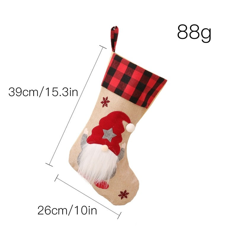 Linen Rudolph Plaid Sock Gift Bag Christmas Decoration