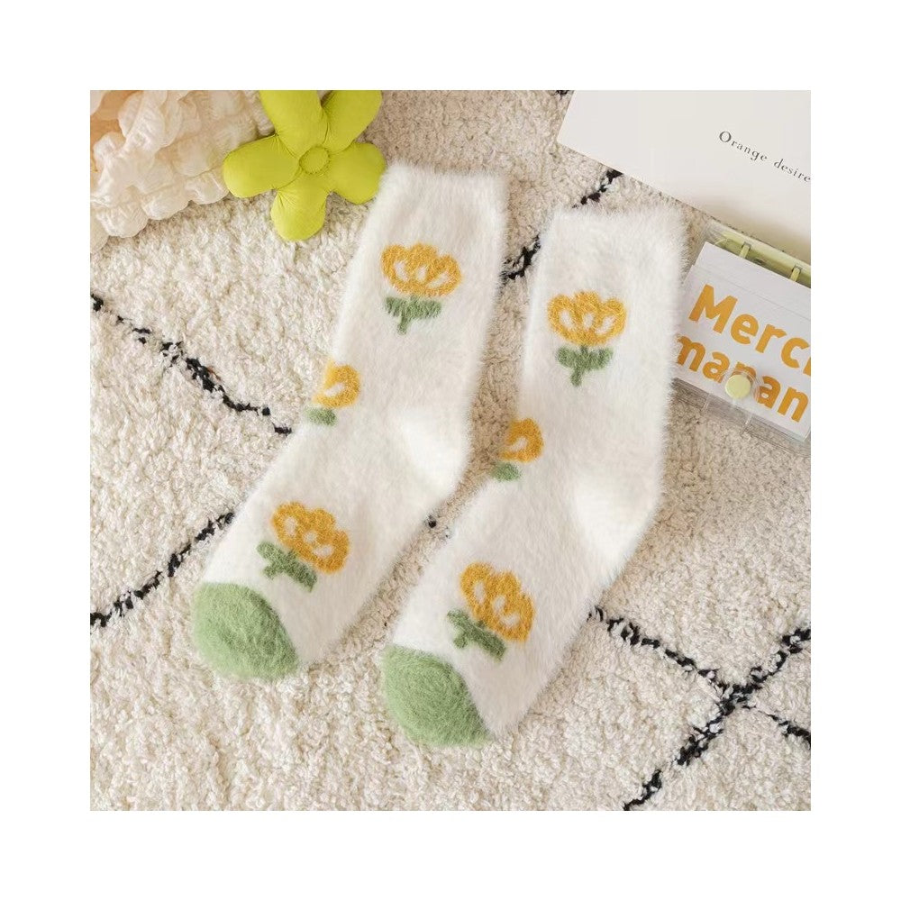 Cute Floral Printed Coral Fleece Thickened Warm Socks