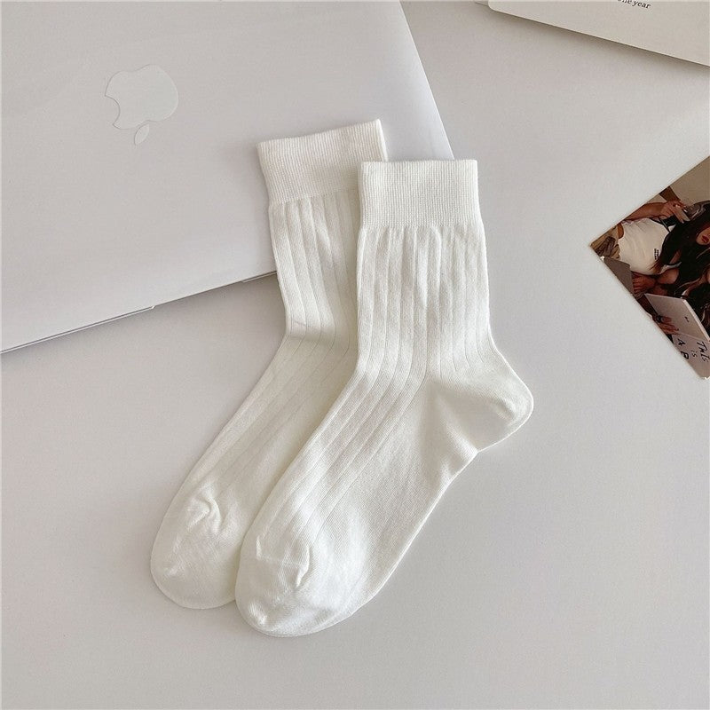 Solid Color Versatile Vertical Striped Thin Mid-Calf Socks