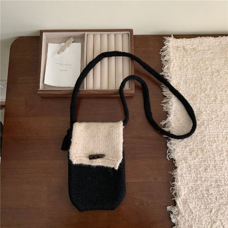 Color Block Horn Button Knit Shoulder Phone Bag