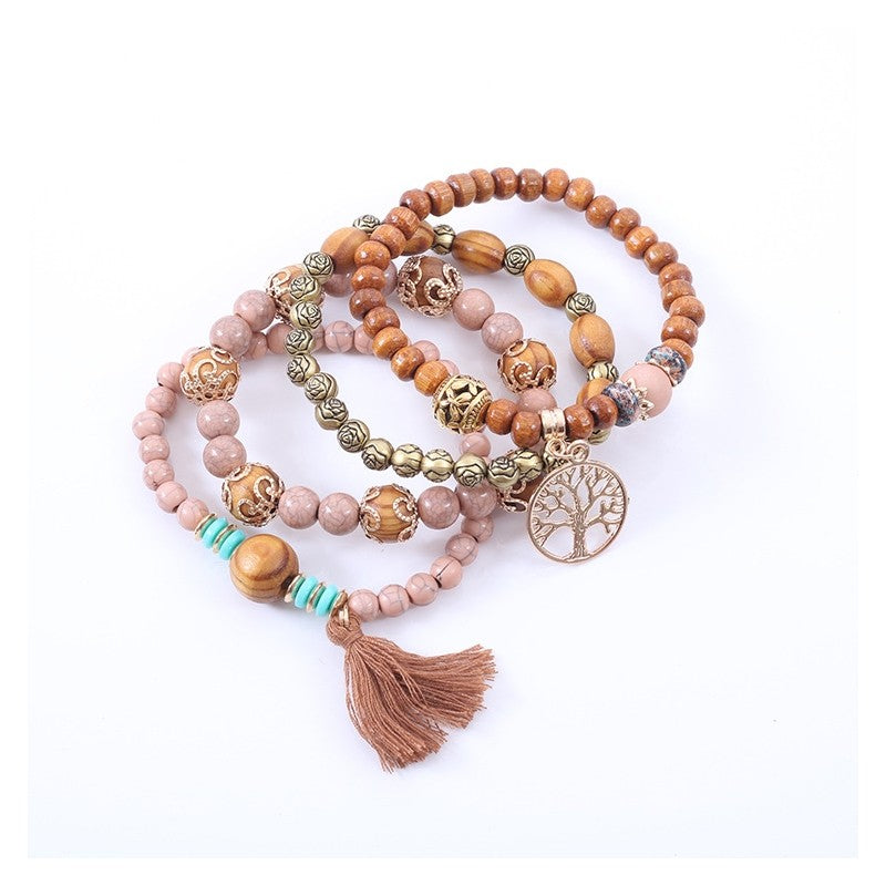 Wood Bead Tassel Bracelet Set
