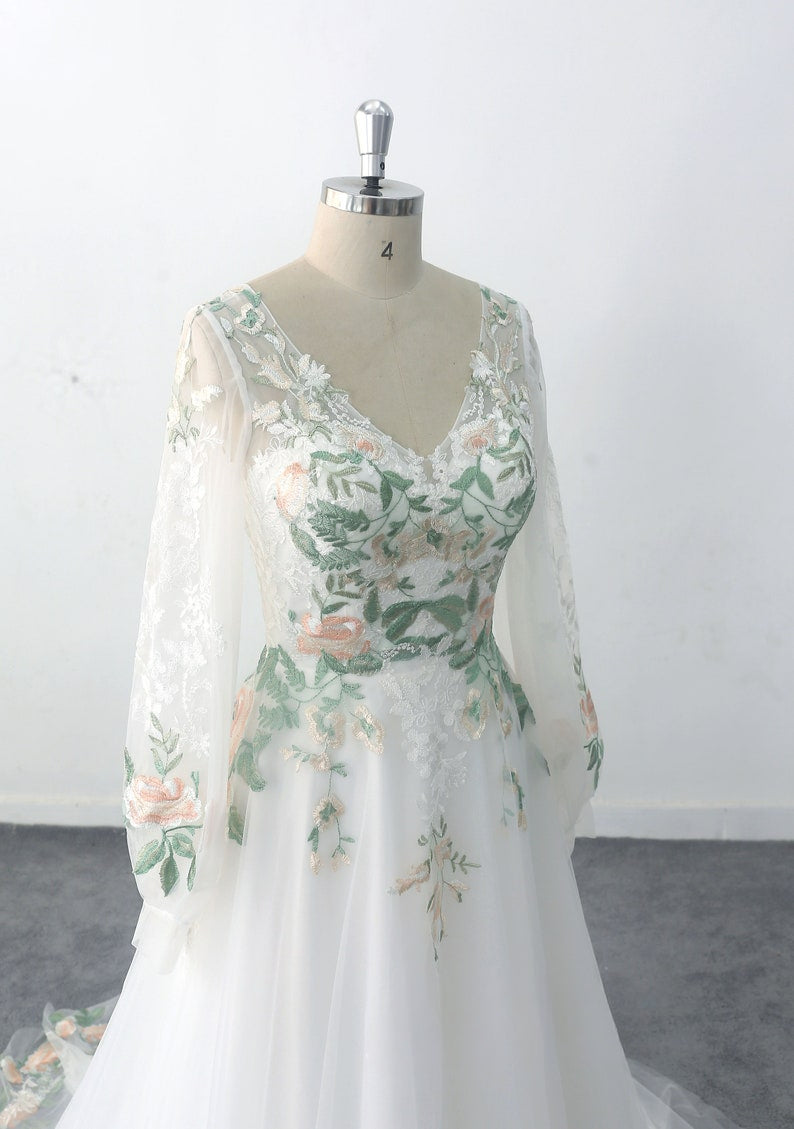 Puff Sleeve Wedding Dress Forest Fairy Green Lace Wedding Dresses