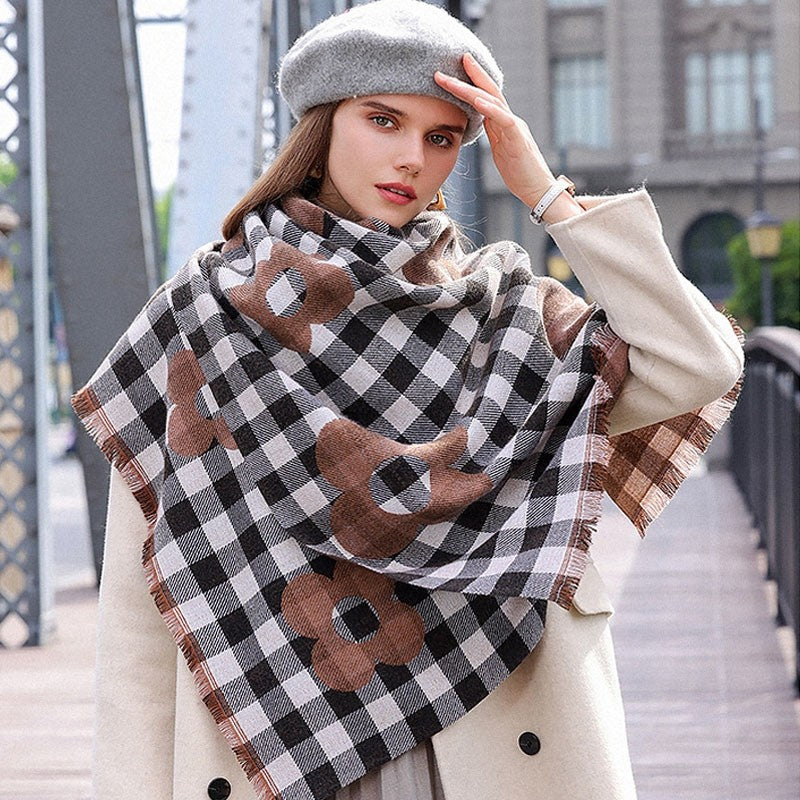 Contrast Color Plaid Flower Pattern  Imitation Cashmere Warm Shawl Scarf