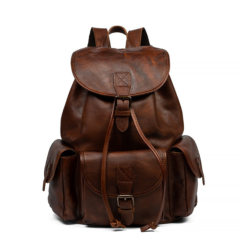 Geometric Pattern Genuine Leather Retro Backpack - Casual Soft Leather Hiking Bag