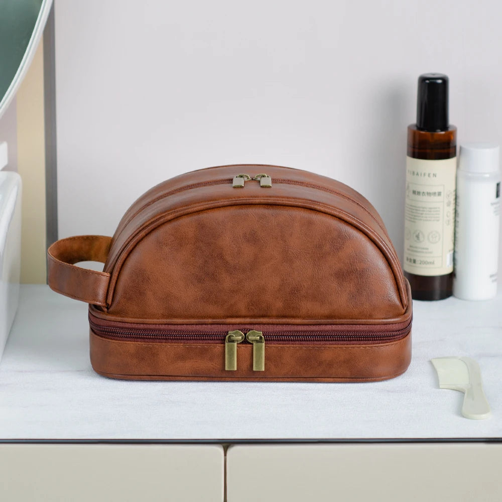 Men's Leather Waterproof Toiletry Bag - Large Capacity Storage Cosmetic Case
