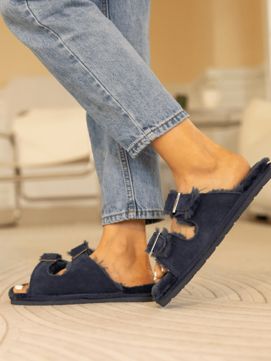 Woolen Lined Double Strap Suede Sandal - Navy
