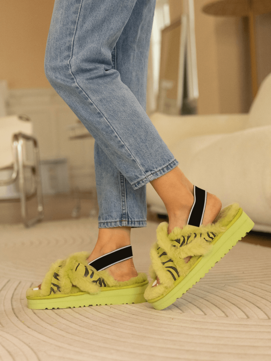 SmRoar Wool Lined Criss-Cross Strap Slipper - Green