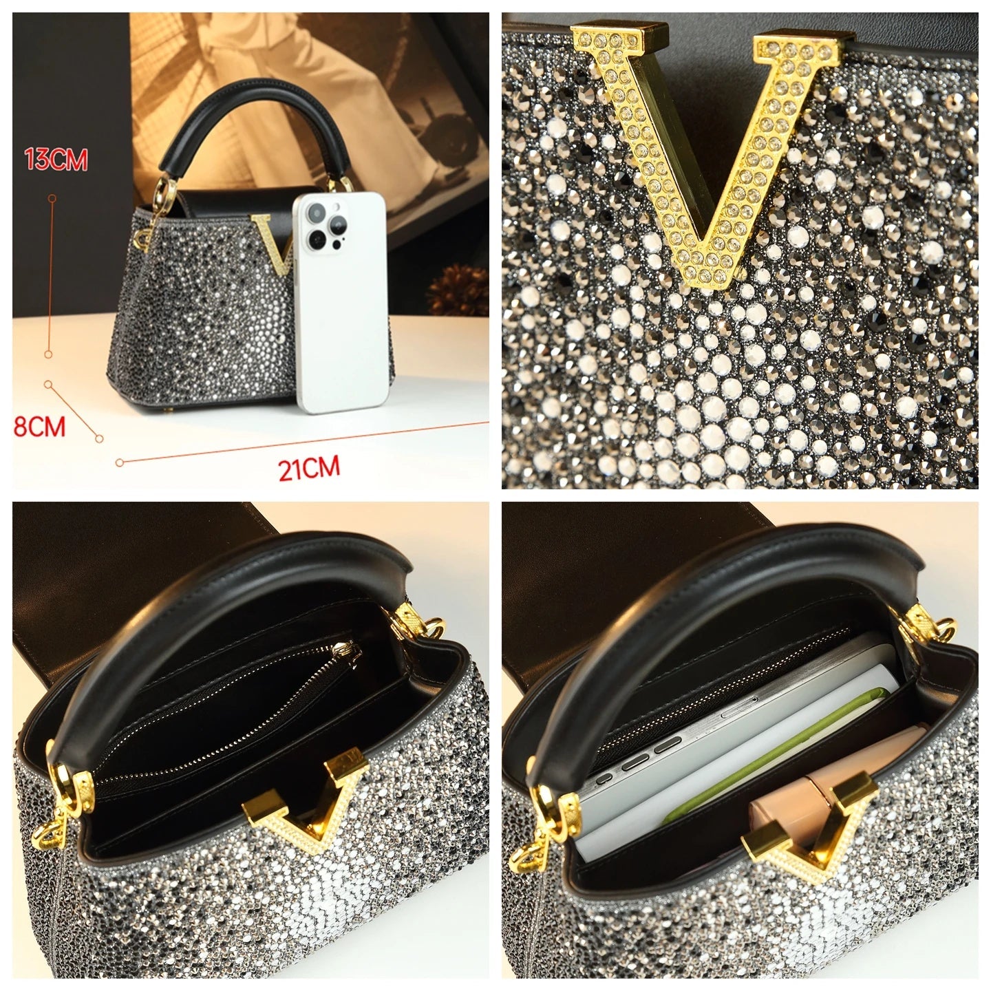 Genuine Leather V Letter Small Crossbody Bag - Diamonds Luxury Messenger Shell Bags