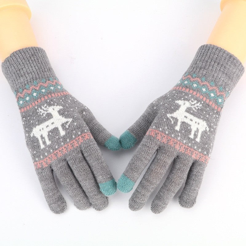 Touchscreen Fawn Jacquard Double Layer Knit Gloves