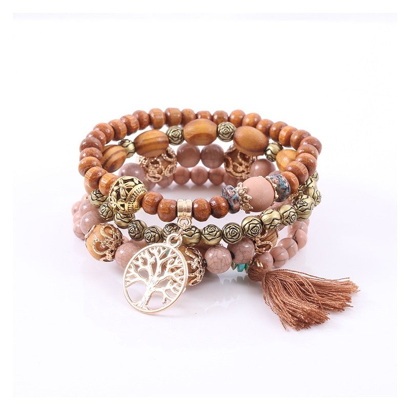 Wood Bead Tassel Bracelet Set