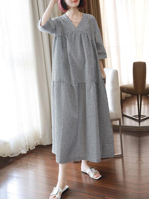 Meselling99 Original Black&White Plaid V-Neck Dress-Maxi Dress-BLACK&WHITE PLAID-FREE SIZE-Free Shipping at meselling99