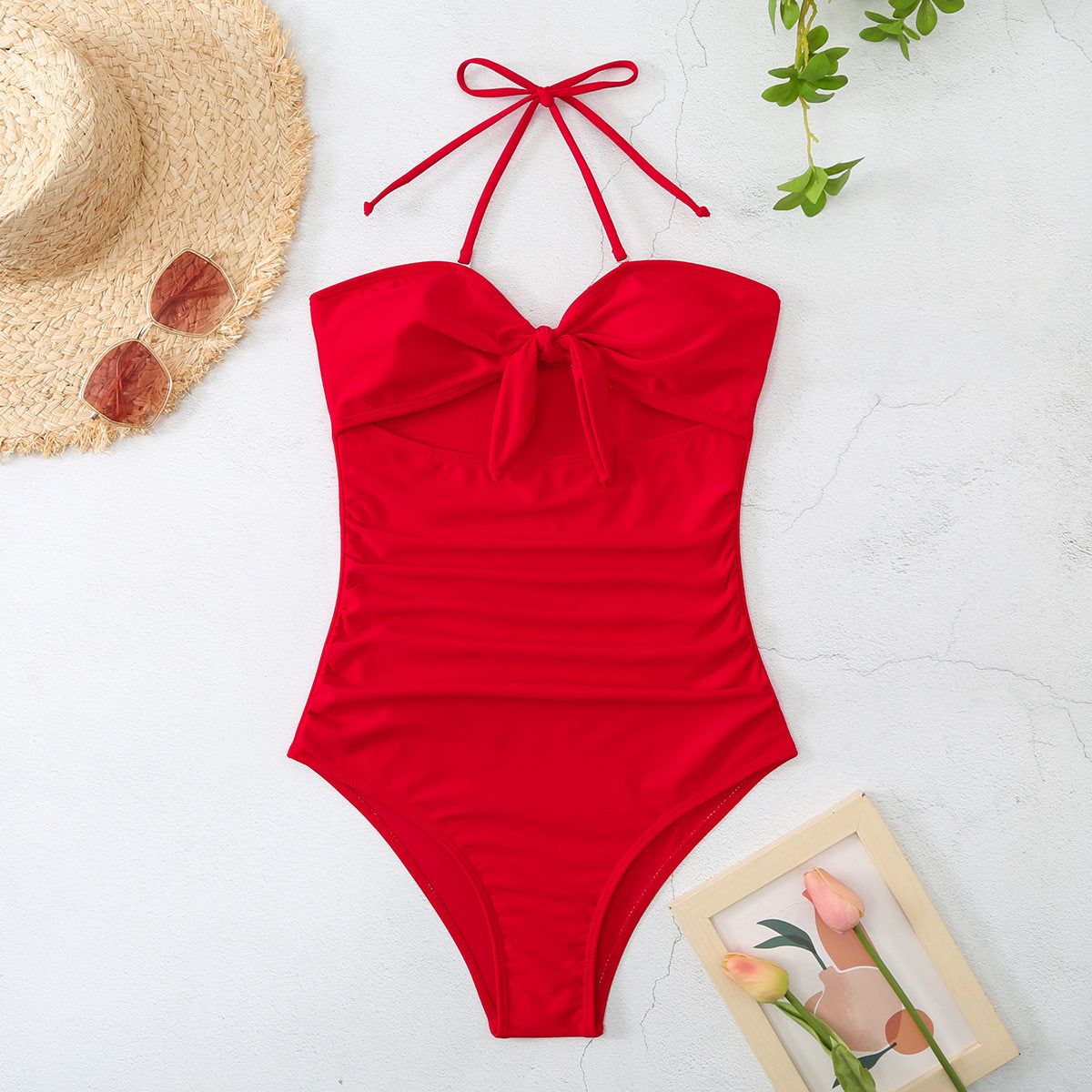 Women's Solid Color One-Piece Swimsuit With Front Knot
