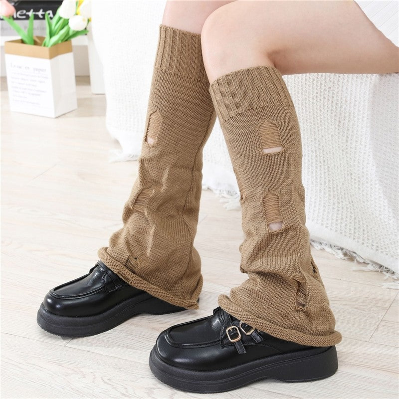 Solid Color Ripped Knit Bell Bottom Socks