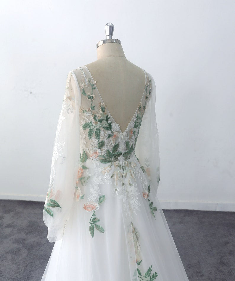 Puff Sleeve Wedding Dress Forest Fairy Green Lace Wedding Dresses