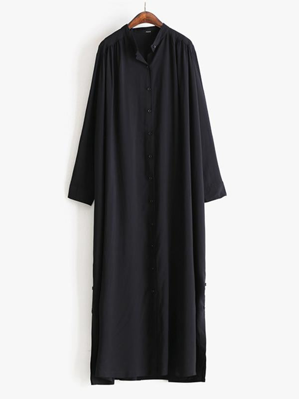 Meselling99 Original Solid Lapel Shirt Dress-Maxi Dress-BLACK-FREE SIZE-Free Shipping at meselling99