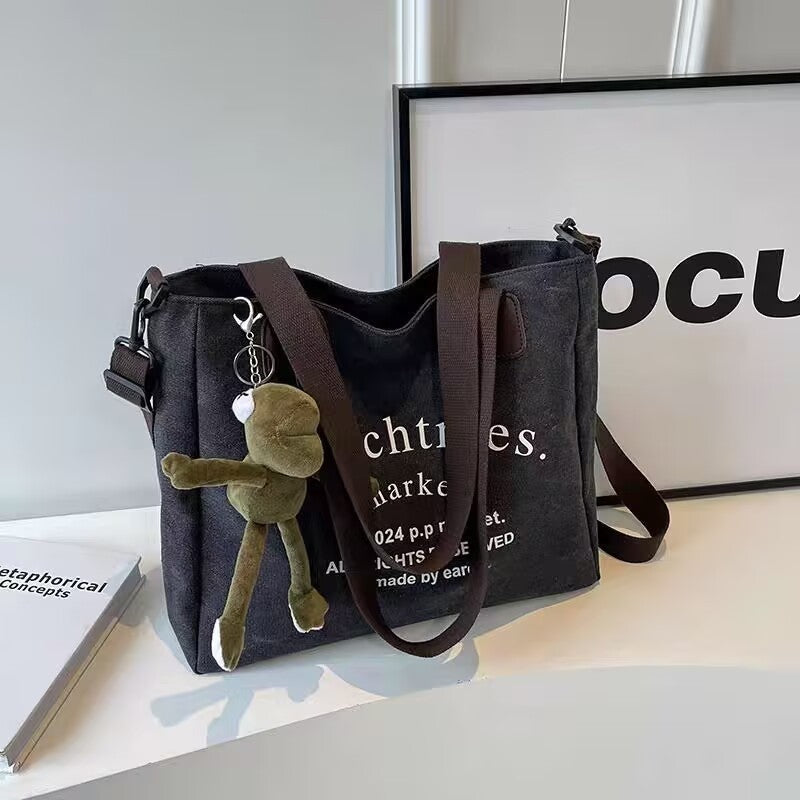 Letter Print Canvas Bag With Pendant