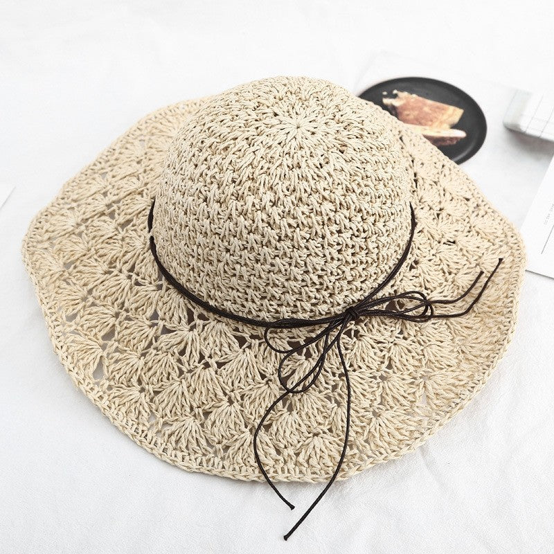 Hollow Straw Weave Wide Brim Sun Hat With Adjustable Strap