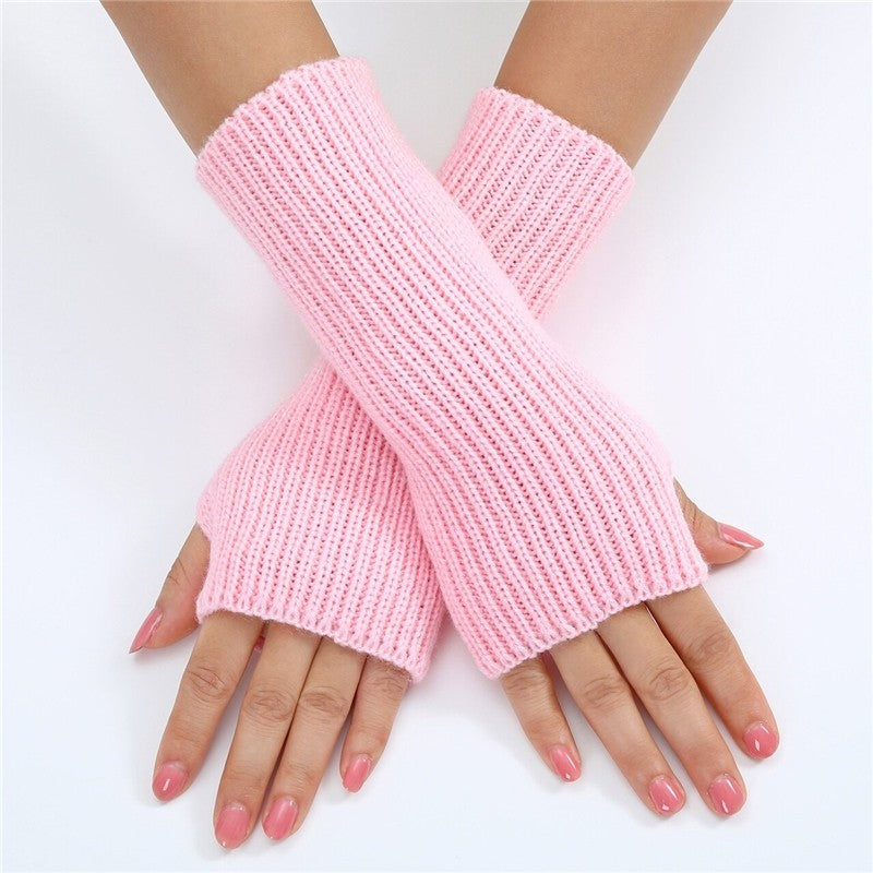 Solid Color Fine Striped Knitted Fingerless Wrist Warmers