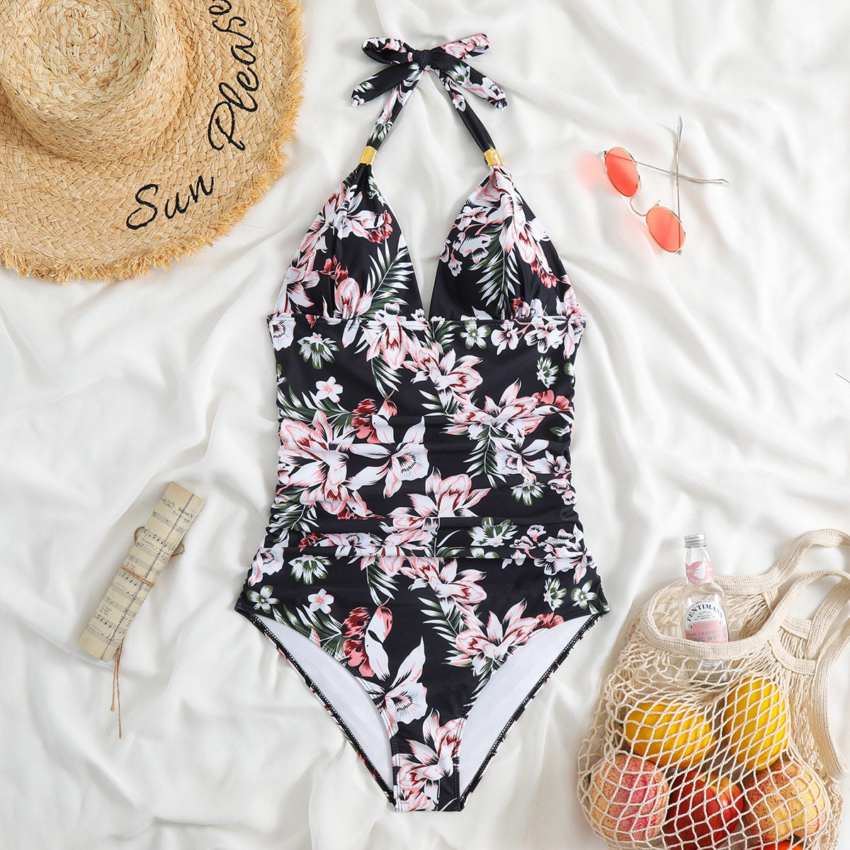 One-Piece Swimsuit Leopard Print Halter Neck Backless Women