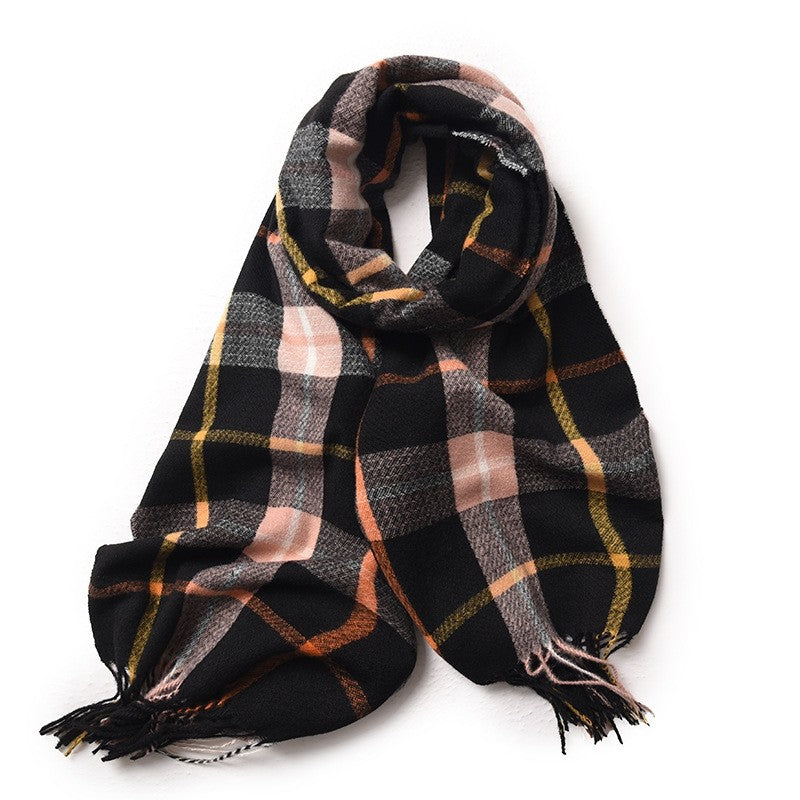Contrast Color Plaid Tassel Thick Dourble-Side Warm Shawl Scarf
