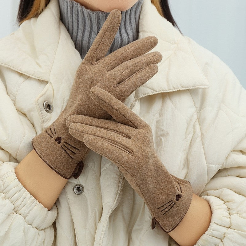 Lady's Velvet Embroidered Warm Windproof Touch Screen Gloves